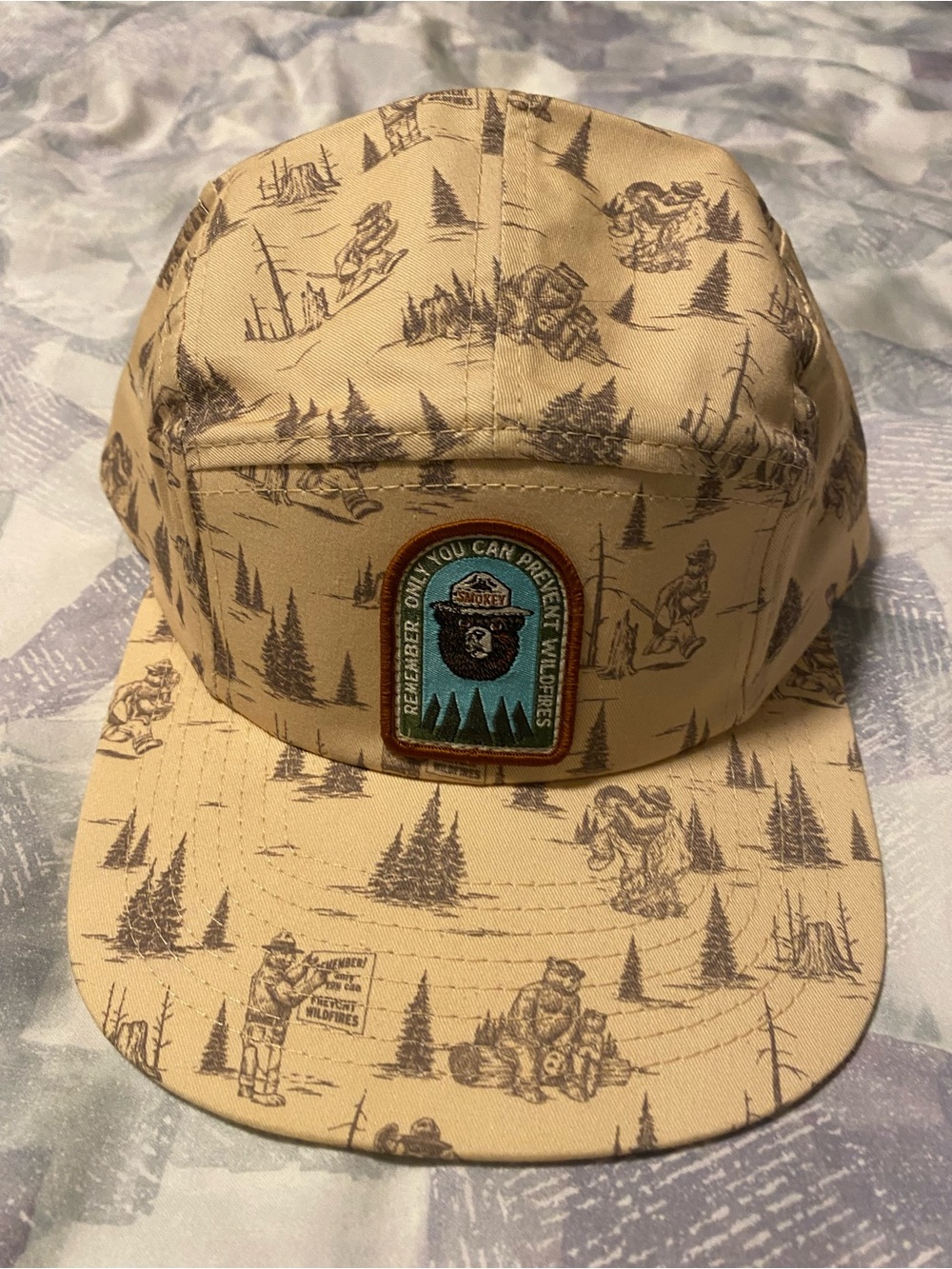 Rare Beige Forest Print Camper Hat with Smokey Bear Patch